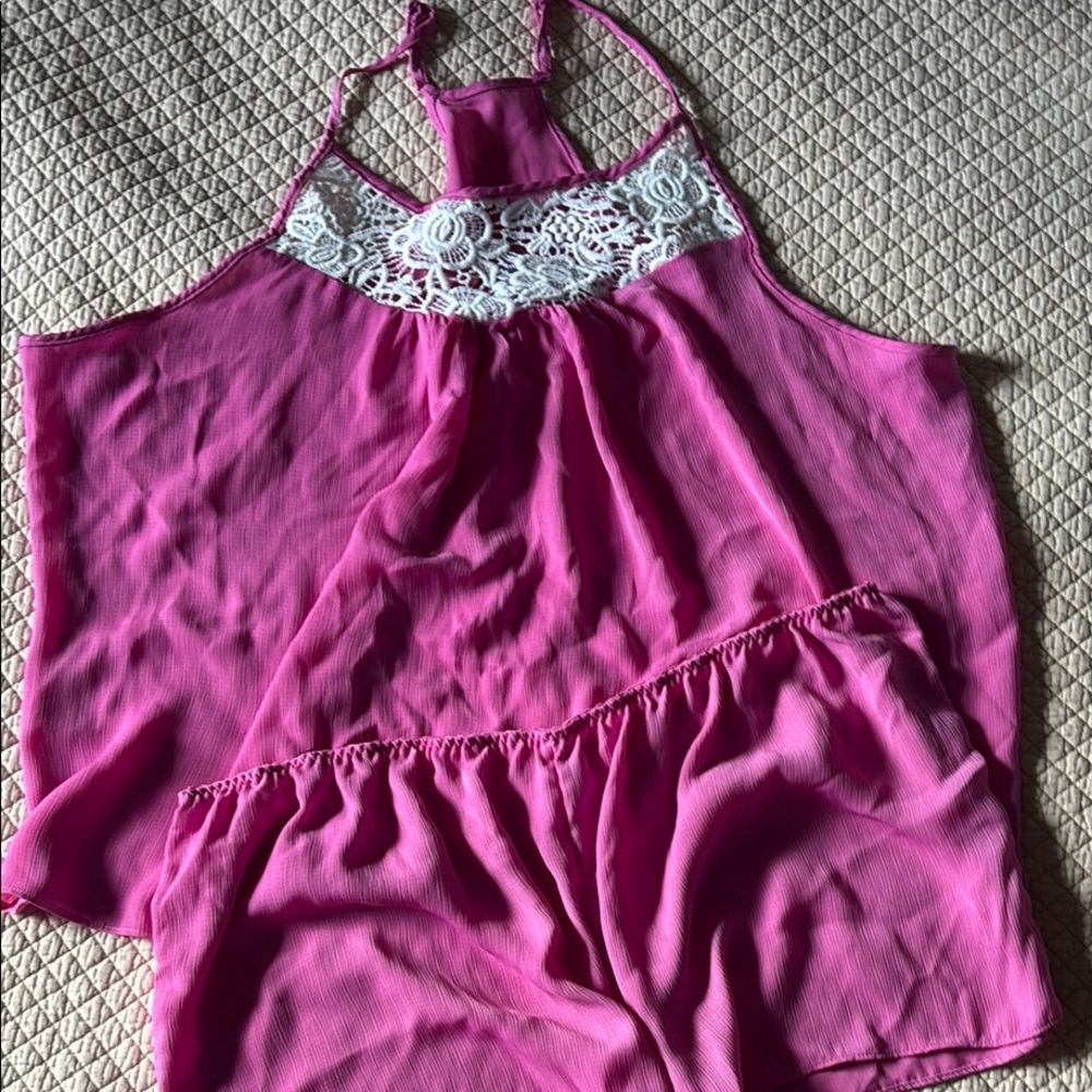 Pink Lace Trim Halter Top and Shorts Pajama Set